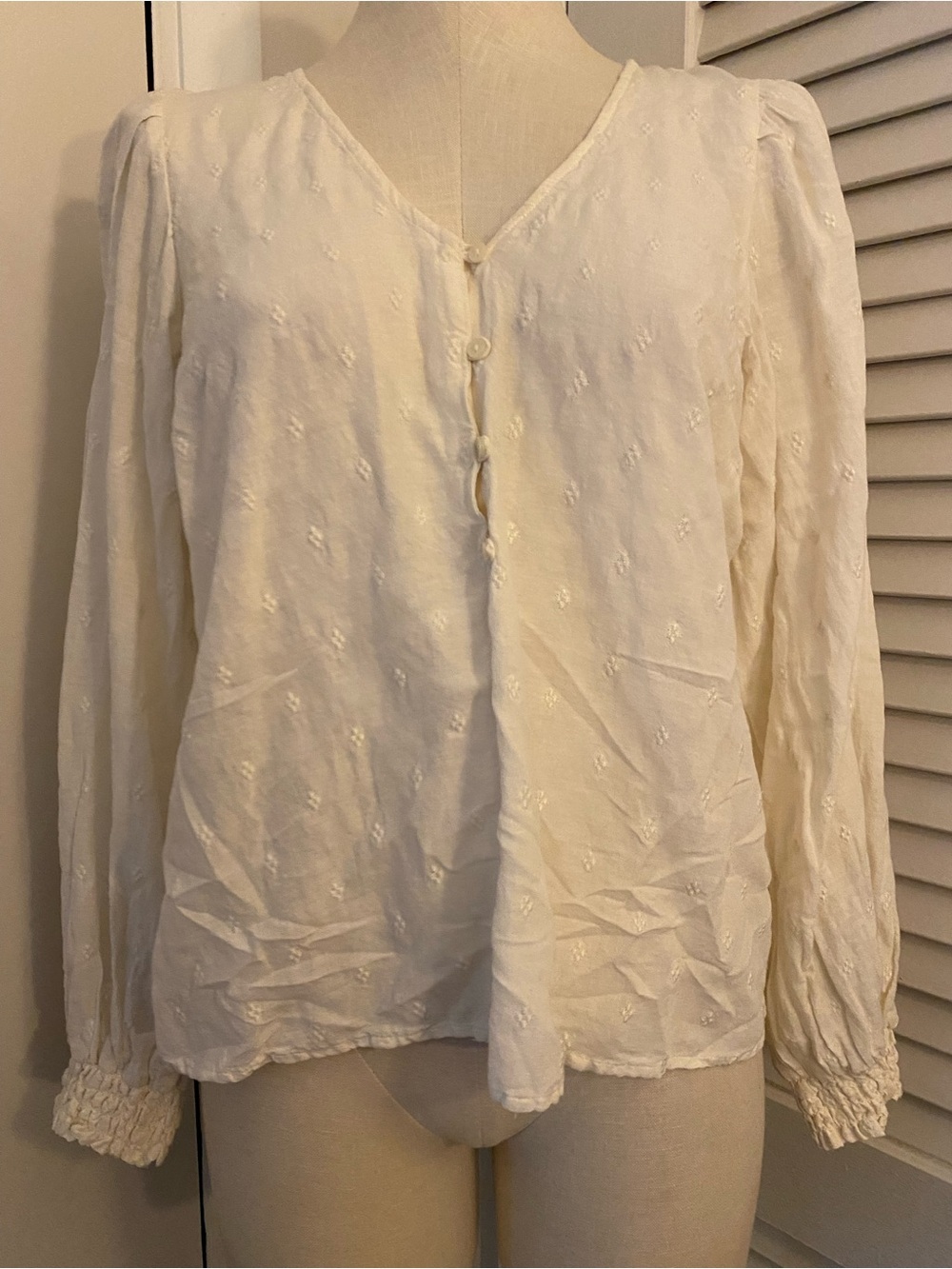 Old Navy Ivory Embroidered V-Neck Button Front Blouse- Size Medium